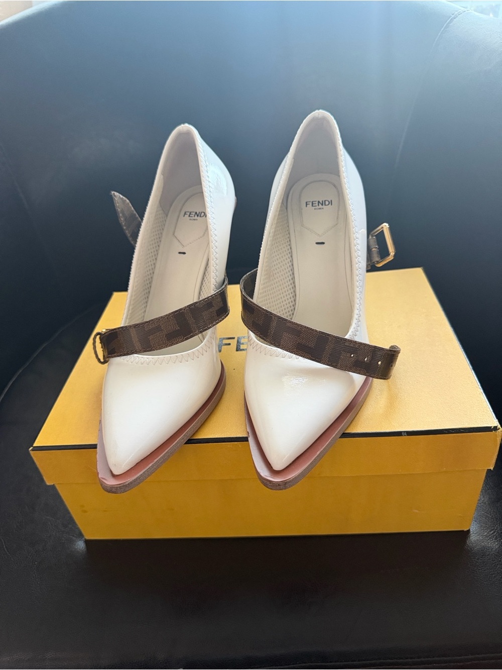 Fendi White Pointed-Toe Pumps with Brown Monogram Strap